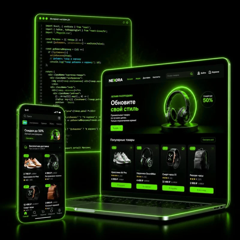 Концепт маркетплейса NEXORA на ноутбуке и смартфоне в зелёном неоновом оформлении